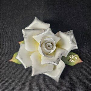 25th Anniversary Porcelain White With Silver Tipped Rose By Roman Inc. 1997 EUC
